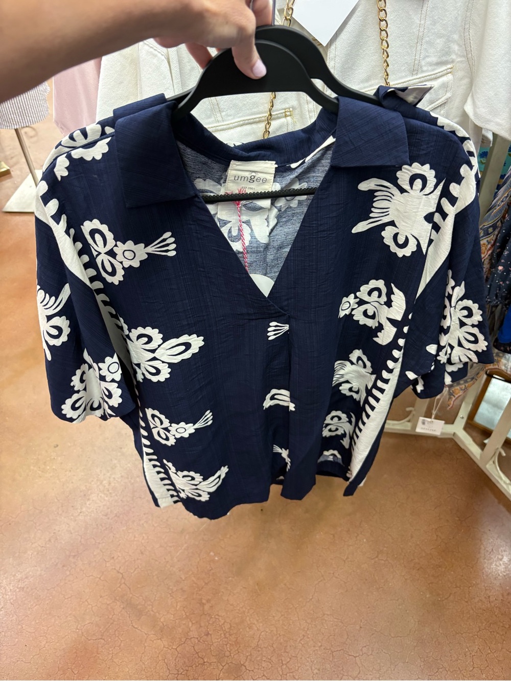 NWT, Umgee Navy and White Floral V Neck with Collar, S and M